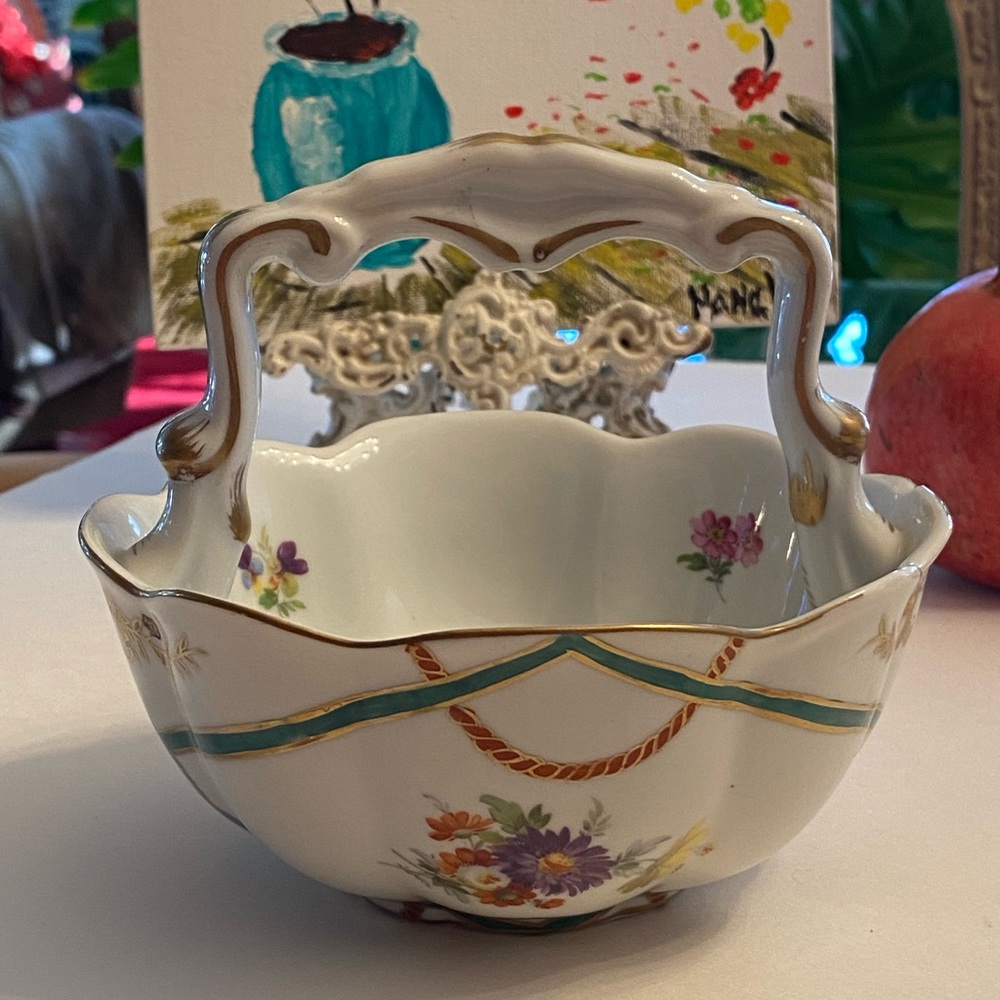 Vintage Elios Italy Hand Painted Porcelain Basket Bowl